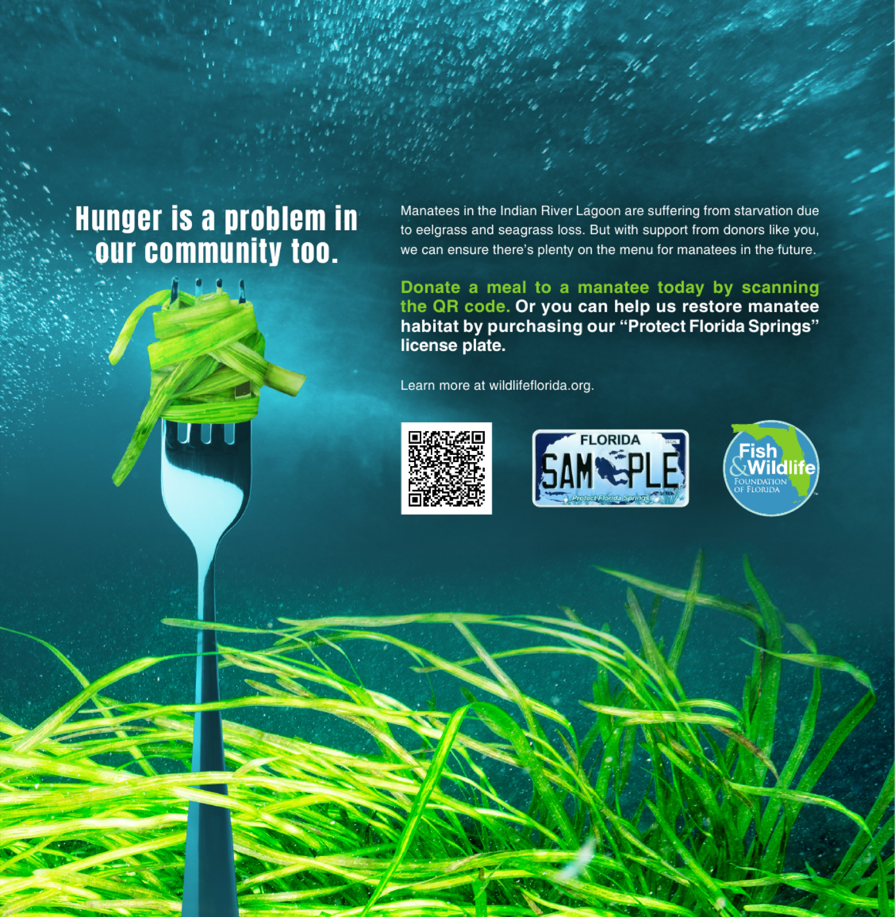 Fork wrapped in lettuce with the message Hunger is a problem in our community too
